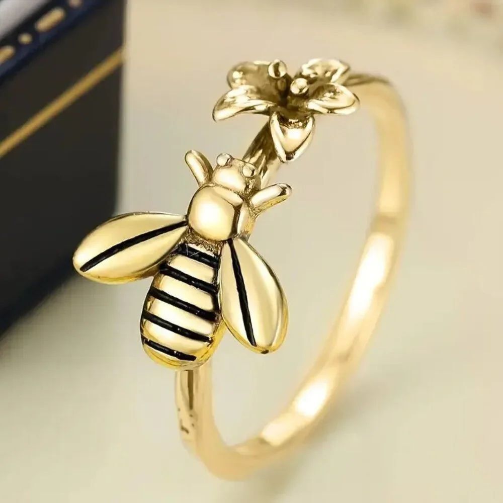 Copper Plated Bee and Flower Ring for Women Size 7